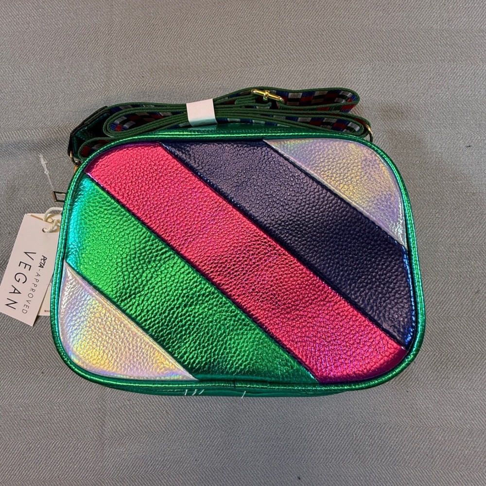 Risotto Vegan Metallic Multi Stripe Crossbody Bag Green BC4205 Guitar Strap NEW
